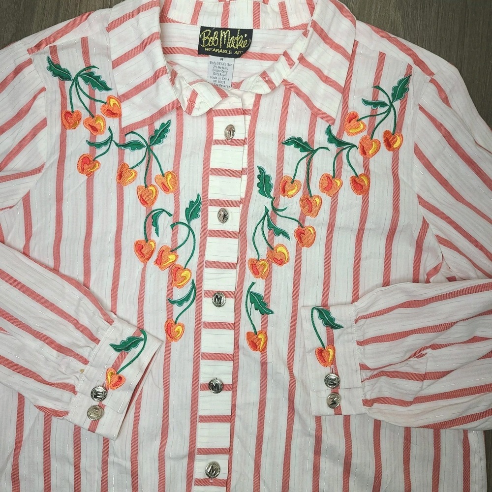 Bob Mackie Wearable Art Shirt Womens M Orange Stripe Fruit Embroidered